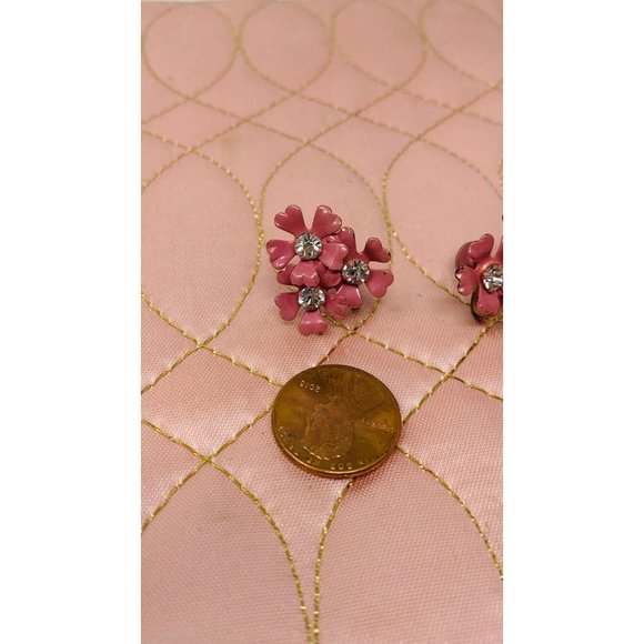 Vintage 1950s Screw Backs Pink 3 Flower Rhinestone Earrings - Picture 3 of 7